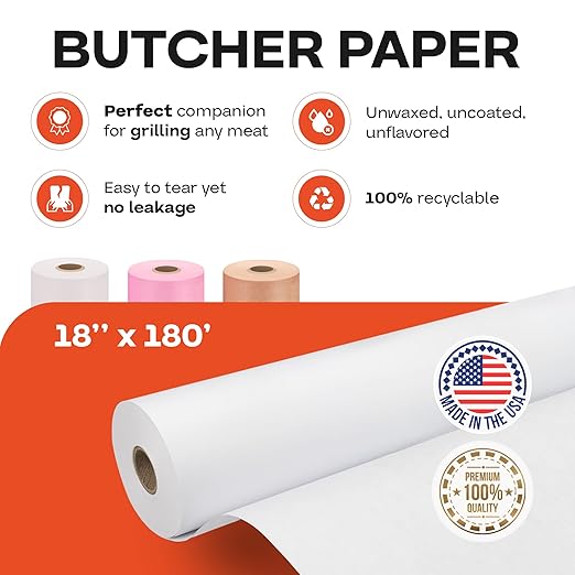 White Butcher Paper 18" x 2160" (180 feet) - USA-Made Natural Butcher Paper Roll for Meat and Fish - Uncoated, Unwaxed & Food-Grade Material for Smoker, Grilling & BBQ by IDL Packaging