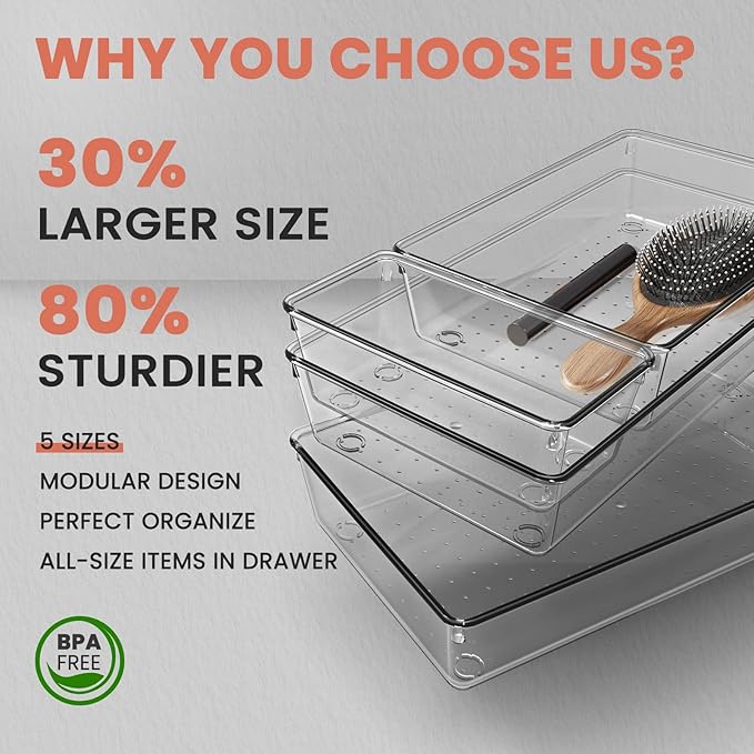 Large Clear Plastic Drawer Organizer 28 Pack - 5 Sizes (XL to small) Acrylic Drawer Organizer Trays for Kitchen Utensils, Gadgets, Bathroom, Vanity and Makeup, Office - Everything Can Be Organized!