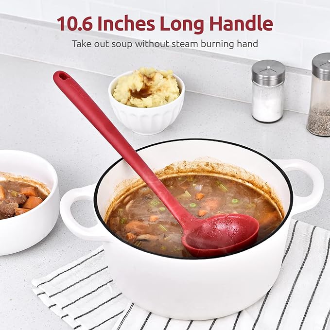 13 inch Silicone Soup Ladle: U-Taste 600ºF Heat Resistant 4 oz Large Non-stick Seamless Rubber Kitchen Deep Serving Spoon with Non Slip Solid Long Handle for Cooking Sauce/Stews/Gravies/Chili (Red)