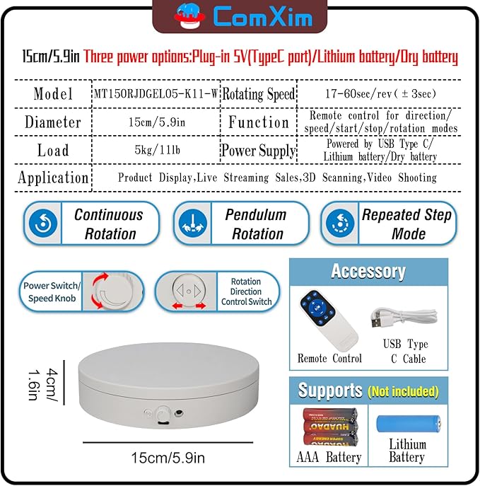 Motorized Rotating Display Stand Rotating Lazy Susan Electric Turntable for Display,Photography Turntable for 3D Scanner, Remote Control Angle/Speed,Step/Swing/Continuous Rotation