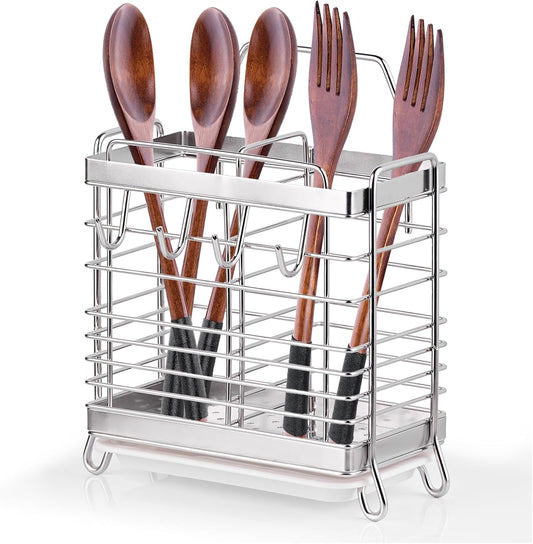 Utensil Holder, Stainless Steel Utensil Drying Rack with Drain Tray, Kitchen Counter Drainer Basket Silverware Cutlery Flatware Holder Forks, Knives, Spoons, Chopsticks Organizer (Silver)