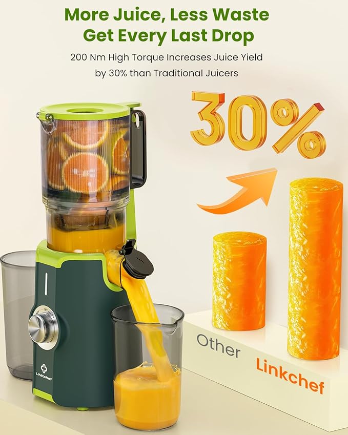 LINKChef Cold Press Juicer Machines for Vegetables and Fruits, 4.35" Wide Chute Masticating Juicer with Pulp Separator, Easy to Clean, BPA-Free, Compact Electric Slow Juice Extractor for Whole Fruit