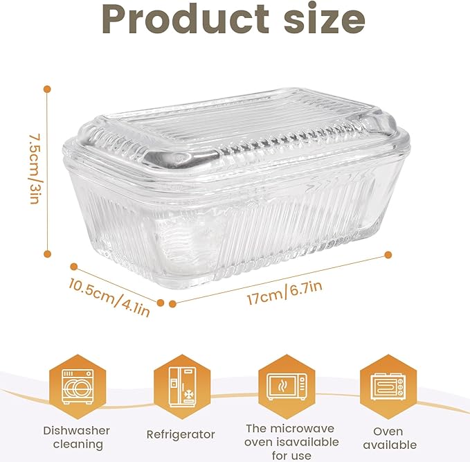 Wide Glass Butter Dish with Two Stick Butter for Countertop,Crystal Butter Container with Cover for Counter,Butter Tray Holder for Refrigerator,Large Glass Butter Keeper
