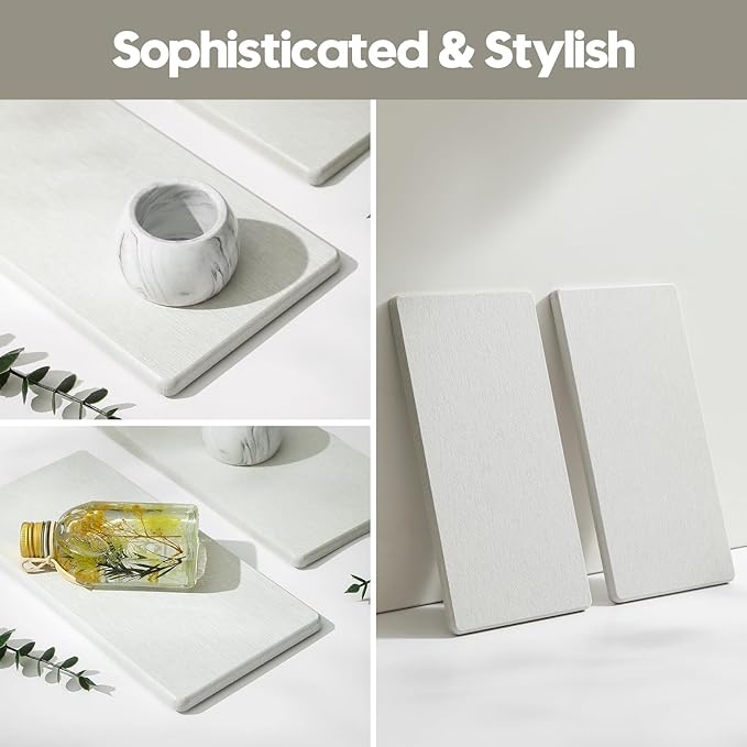 2PCS 10"x 5" Large Bathroom Sink Vanity Trays, Water Absorbing Diatomite Stone Quick Drying Mat for Kitchen Counter, Dish Rack Dispensers Sponge Holder Caddy Organizer, Beige, 10"x 5"