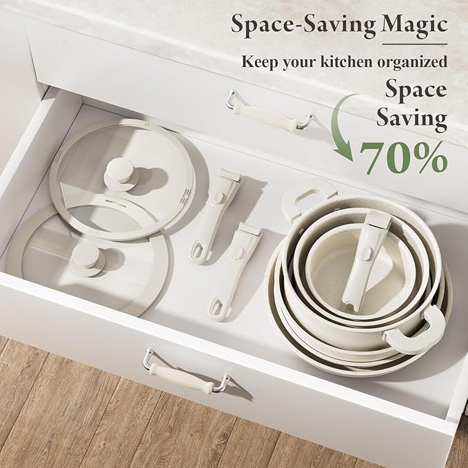 22-Piece Pots and Pans Set Non Stick with Removable Handles, Ceramic Cookware Set, Large-Capacity & Non Toxic, Induction & RV Compatible, Dishwasher Safe, PFAS/PTFE/PFOA Free, White