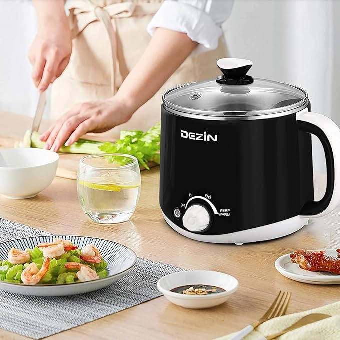 Dezin Hot Pot Electric with Steamer, Rapid Noodles Cooker, Stainless Steel Electric Pot 1.6 Liter, Perfect for Ramen, Egg, Dumpling, Soup, Oatmeal with Temperature Control and Keep Warm Function
