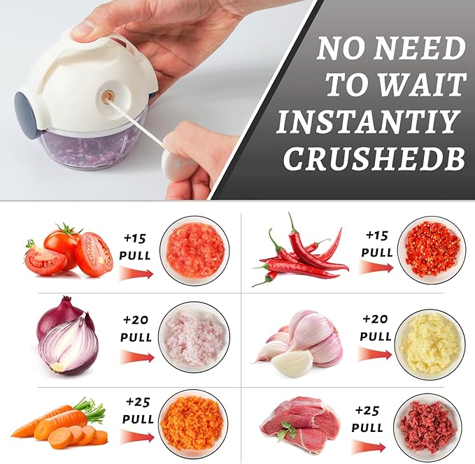 ZHANG XIAO QUAN SINCE 1628 Mini Manual Food Chopper Hand Pull String Vegetable Cutter Onions Garlic Chopper Portable Mincer for Garlic Ginger Herbs Nuts Durable Kitchen Food Processor 0.7 Cup(170ml)