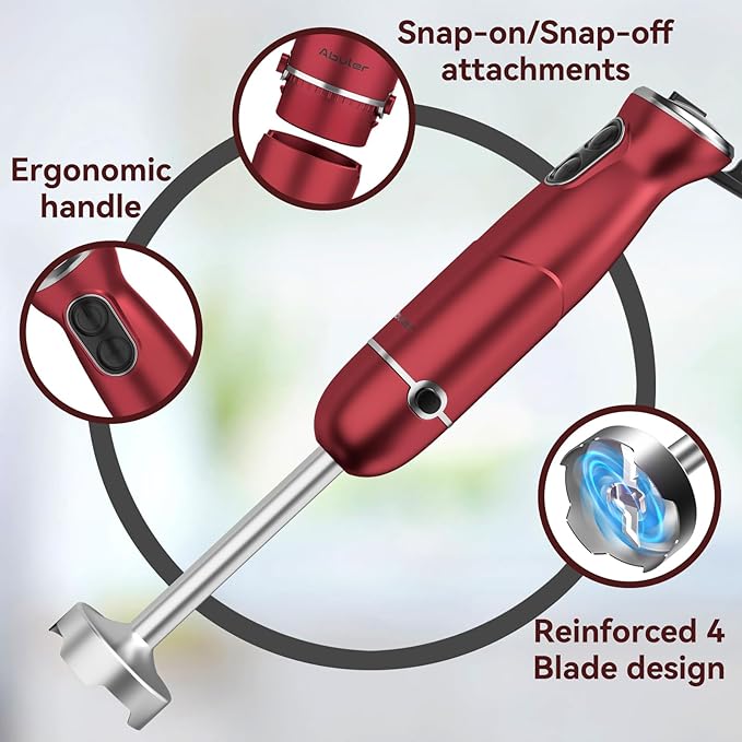 Immersion Blender 5 in 1 Hand Blender, Abuler 1000W Hand Mixer Stick,12 Speed Handheld Blender 304 Stainless Steel with 600ml Mixing Beaker, 500ml Chopper, Whisk and Milk Frother for Soup, Baby Food