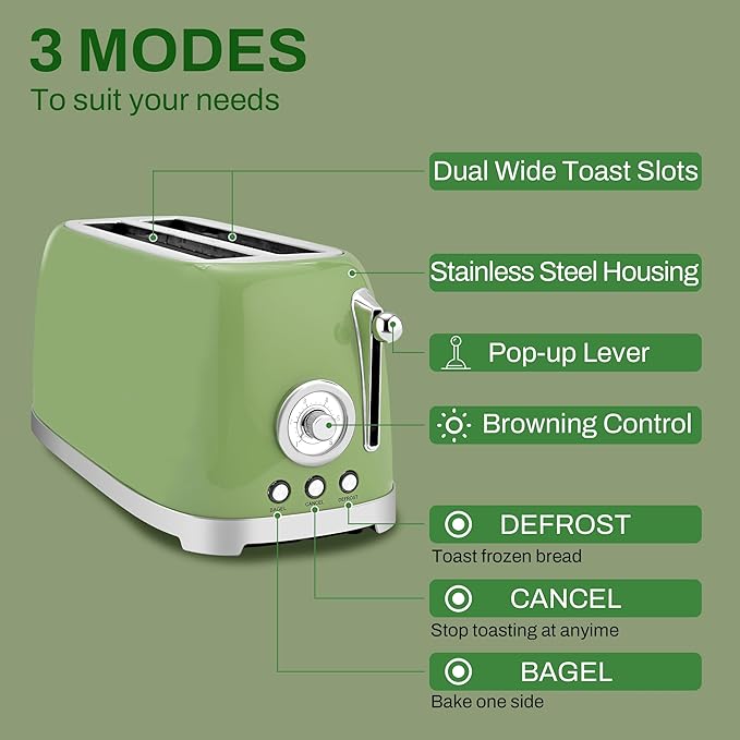 SUSTEAS Toaster 4 Slice Wide Slot, Stainless Steel Bread Bagel Toasters, Retro Long Slot Tostadora for Defrost, Reheat, Removable Crumb Tray, 1500W, 6 Browning Settings, Retro Green
