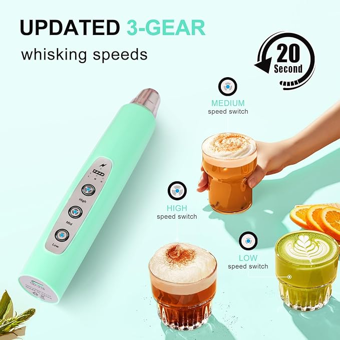 YUSWKO Baby Blue Handheld Milk Frother Wand for Coffee, Rechargeable Electric Whisk with 3 Heads 3 Speeds Drink Mixer Coffee Frother For Latte, Cappuccino, Hot Chocolate, Egg