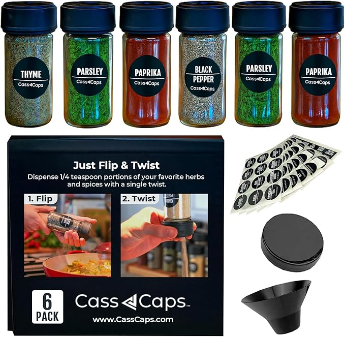 Glass Spice Jars & Measuring Cap Set - Twist to Dispense 1/4 Tsp Per Turn for Precise Cooking - Spice Jars with Lids Keep Kitchen Organized & Tidy - Enjoy Round Spice Jar Without Mess- 6 Pack
