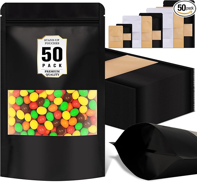 Jetmore-50pack-Smell-Proof-Bag, Reusable Zip Lock Bags with Window, Resealable Stand Up Packaging Bags, Brown Paper Pouches for Coffee, Tea, Herbs, Spice, Snack, Baked Goods, Goodie Bags