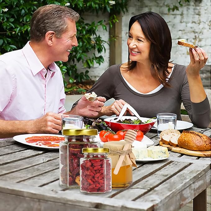 24 Pack 4oz Glass Hexagon Honey Jars Golden Lids -Wooden Honey Dipper, Bee Charms, Tag String, Gold Gift Bags, Thank You Gift Tags, Wedding Favors Baby Shower Party (Gold 24 bags)