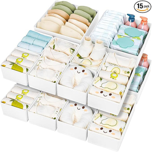 DIMJ Drawer Organizer Clothes 15 Pack - Foldable Baby Organizers and Storage & Dresser Organizer for Bedroom, Closet - Nursery Organization Dresser Dividers for underwear, Sock,Bra, Belt, Tie, White