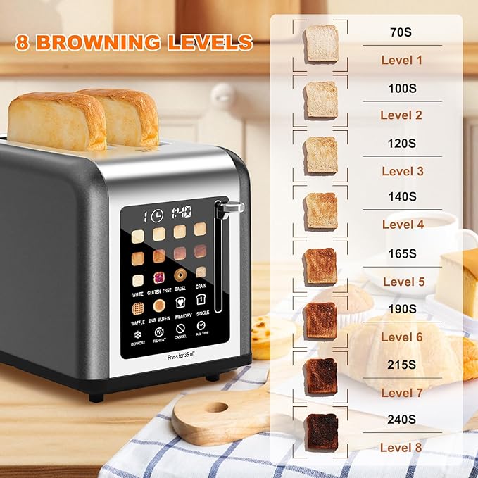 2 Slice Toaster Touch Screen, Stainless Steel Toasters Digital Timer 2 Slot Toasters, 8 Shade Settings 6 Bread Types for Bagel, Cancel, Defrost (Grey）