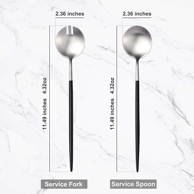 Silver Black Salad Serving Utensils,Serving Spoons Stainless Steel,2Pcs Long Handle Salad Servers 11.42 Inch,Salad Utensils for Serving,Matte Finish,Dishwasher Safe