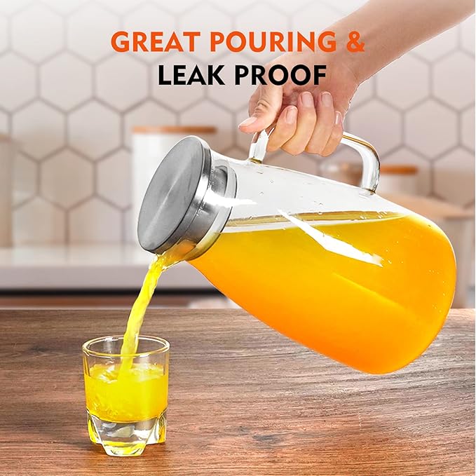 Aofmee 100 Oz Glass Pitcher, 3L Water Pitcher with Lid, Iced Tea Jar with 304 Stainless Steel Lid and Spout, Heat Resistant Jug for Sun Tea, Water Carafe for Cold or Hot Beverage Serveware Juice