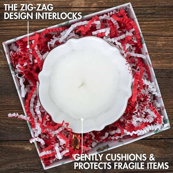 MagicWater Crinkle Cut Paper for Gift Baskets - 2LB - Red & White - Perfect for Shredded Paper Filler, Basket Filler, Gift Boxes, Bridesmaid Gifts, Halloween Stuffers & More – Ideal for All Occasions