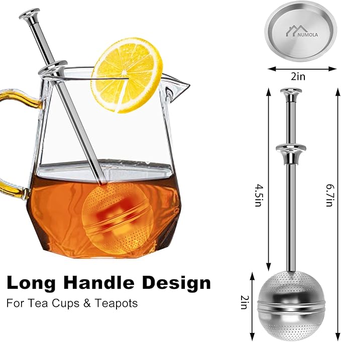 Numola Long Handle Tea Ball Stainless Steel with Drip Trays, 4Pcs Premium Tea Infuser Filter for Loose Leaf Tea, Reusable Fine Mesh Tea Interval Diffuser Strainer for Cup and Teapot