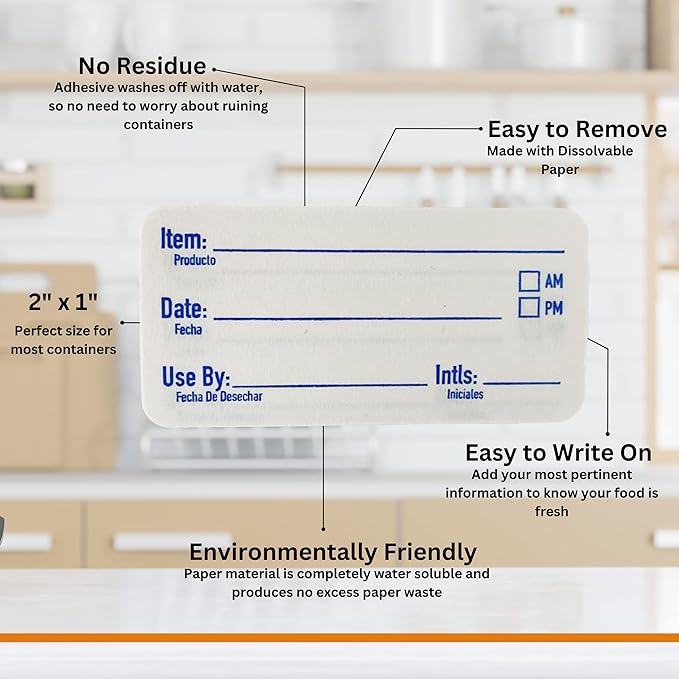 2x1 Dissolvable Food Labels, 250 Label Stickers, Bottle Labels for Storage Bins, Sticker Labels for Food containers, (250, Blue)