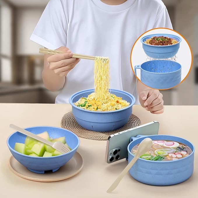 Ramen Cooker,32oz Ramen Bowl Set,Microwave Ramen Bowl, Microwave Bowl with Lid, Portable Noodle Bowls,for Home Office Dorm Room College gift (Light Blue)