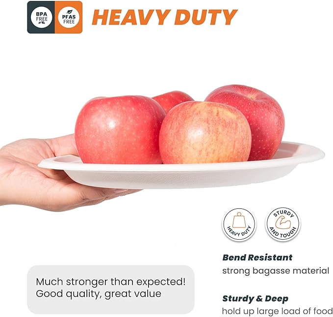 100% Compostable 9 inch Paper Plates, [125-Pack] Disposable Party Plates, (BPI Certified)-Heavy Duty, Eco-Friendly Dinner Paper Plates, Biodegradable Sugarcane Plates, white