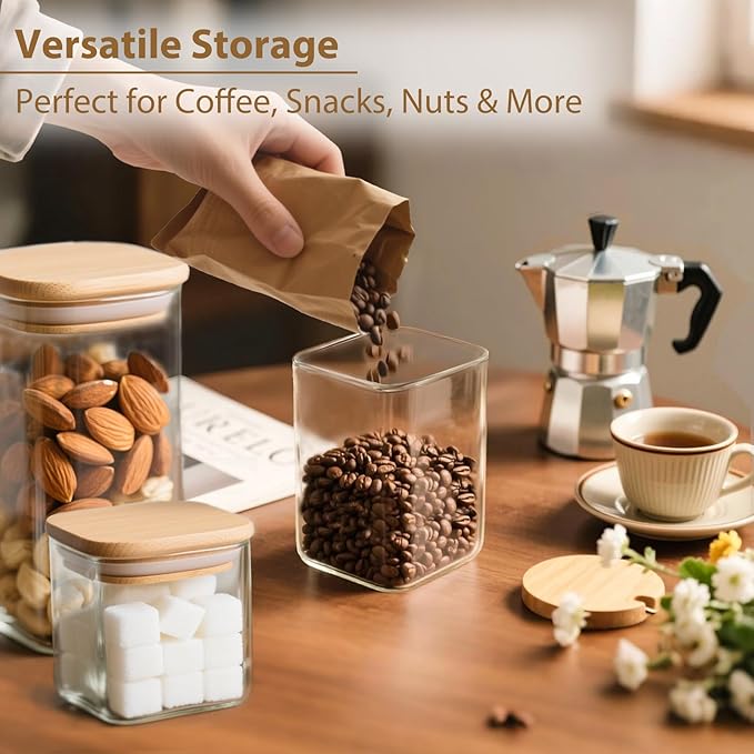 6 Pack Square Glass Storage Containers with Bamboo Lids (24oz/37oz/51oz) – Clear Food Airtight Canisters Sets for The Kitchen, Glass Jars for Coffee Beans, Coffee, Flour, Snacks, Spices