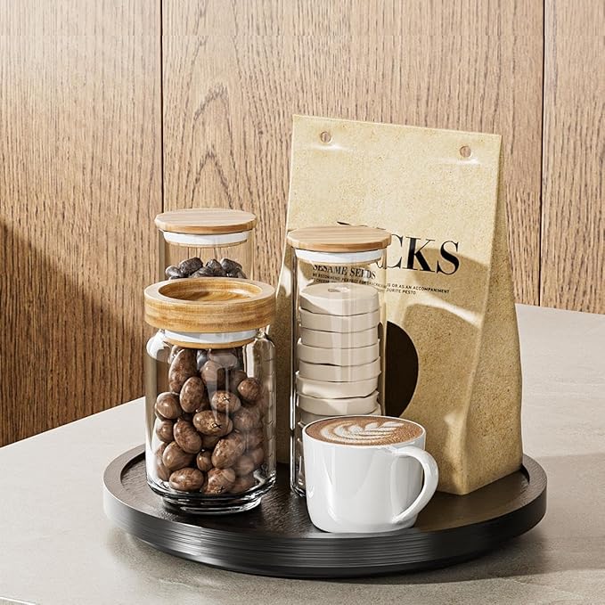 LAMU 11'' Wood Lazy Susan Organizer Turntable for Cabinet, Lazy Susan for Table Top, Pantry, Kitchen, Bathroom, Countertop, Rotating Spice Organizer, Vanity Decor Tray, Pine Wood, Black