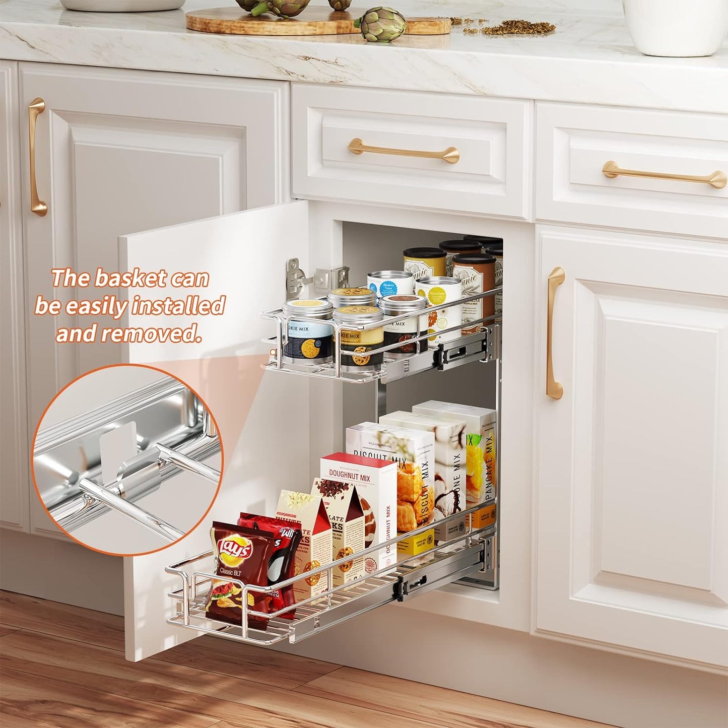 ROOMTEC Individual Pull Out Cabinet Organizer (7½"W x 21½"D), 2 Tier Spice Rack Organizer for Cabinet, Slide Out Drawer Pantry Shelf Organization and Storage for Kitchen Bathroom