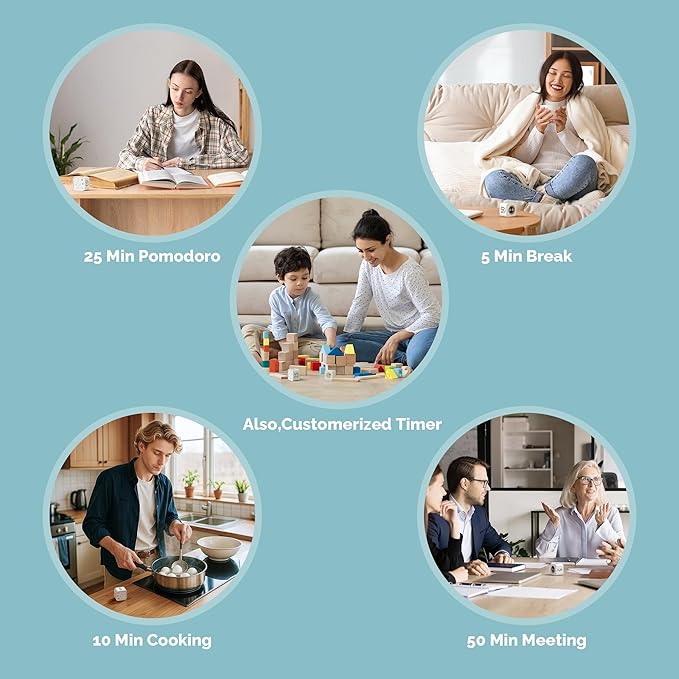 KADAMS Pomodoro Cube Timer Productivity Visual Timer - 5/10/25/50 Min Rotating Countdown, Customize Countup Silent Mode- for Work Study Cook Workout Kitchen Back to School Classroom (White, 2 Pack)