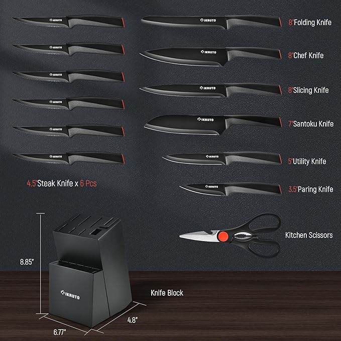 15-Piece Professional Kitchen Knife Set with Block – Built-in Sharpener, Anti-Slip Handles, Non-Slip Base – Effortless Cooking Tools for Chefs & Home Cooks (Black Red)