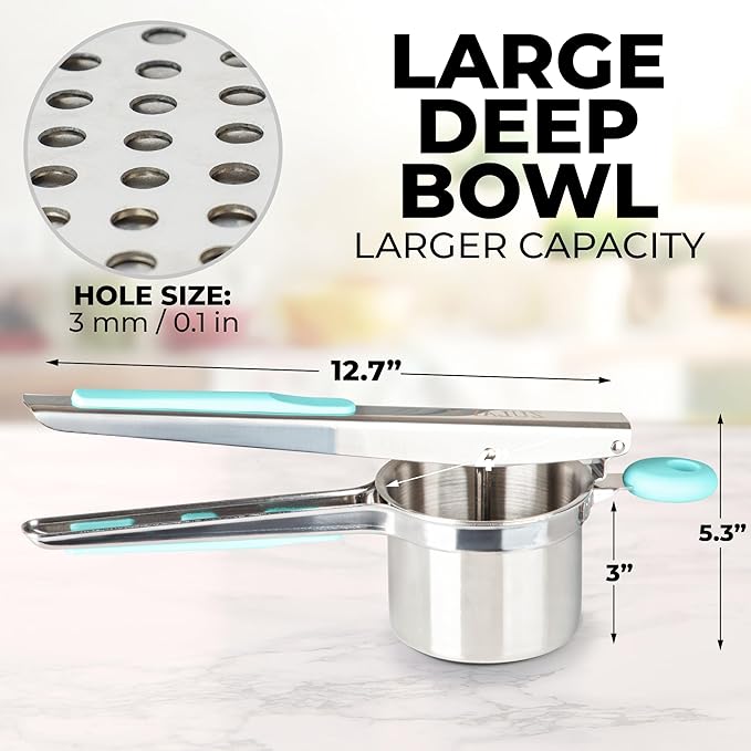 Zulay Kitchen Large 15oz Potato Ricer, Heavy Duty Stainless Steel Potato Masher and Ricer for Mashed Potatoes, Mashed Potato Masher & Potato Press Gadget for Perfect Mashed Potatoes - Turquoise