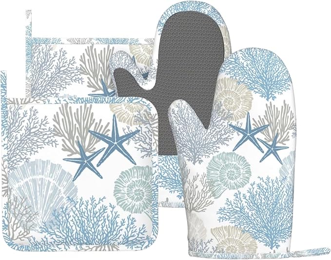 Nautical Coastal Oven Mitts and Pot Holders Sets Silicone Starfish Seashell Coral Beach Themed Kitchen Mitts Potholders Heat Resistant 4Pcs Ocean Oven Gloves Hot Pads for BBQ Grilling,Blue