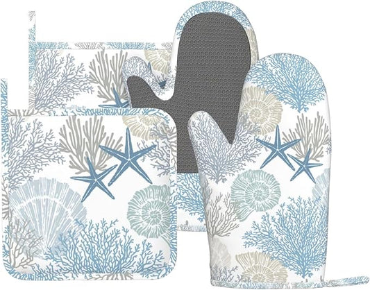 Nautical Coastal Oven Mitts and Pot Holders Sets Silicone Starfish Seashell Coral Beach Themed Kitchen Mitts Potholders Heat Resistant 4Pcs Ocean Oven Gloves Hot Pads for BBQ Grilling,Blue