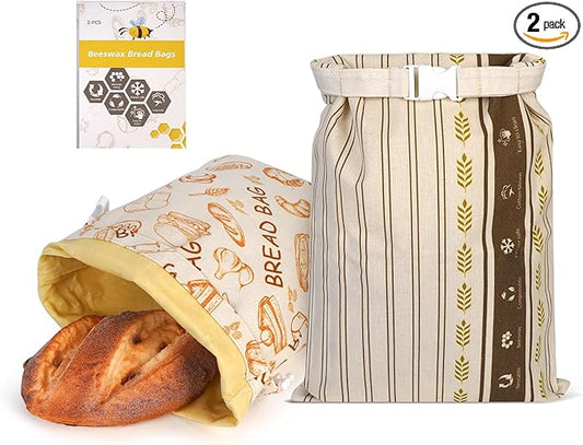 2 Pack Beeswax Bread Bags - Large Reusable Cotton Linen Food Storage Covers for Sourdough & Homemade Bread, Waxed Bags Keep Bread Fresh, Proofing Bag Freezer-Safe, Easy Clean