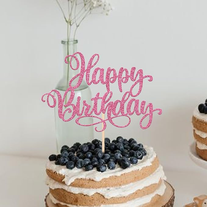 ZHUOWEISM 1 PCS Happy Birthday Cake Topper Glitter Happy Birthday Cake Pick for Celebrating Happy Birthday Anniversary Party Cake Decorations Supplies Pink