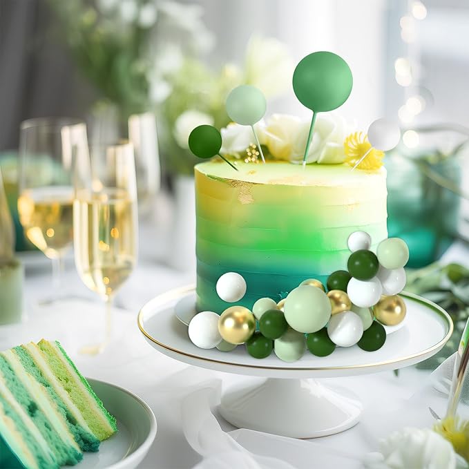 48 Pcs Cake Topper Decorations - Balloon Cupcake Toppers, Foam Balls for Birthday Party Wedding Cake Decorating (Green, Light Green, White, Gold)