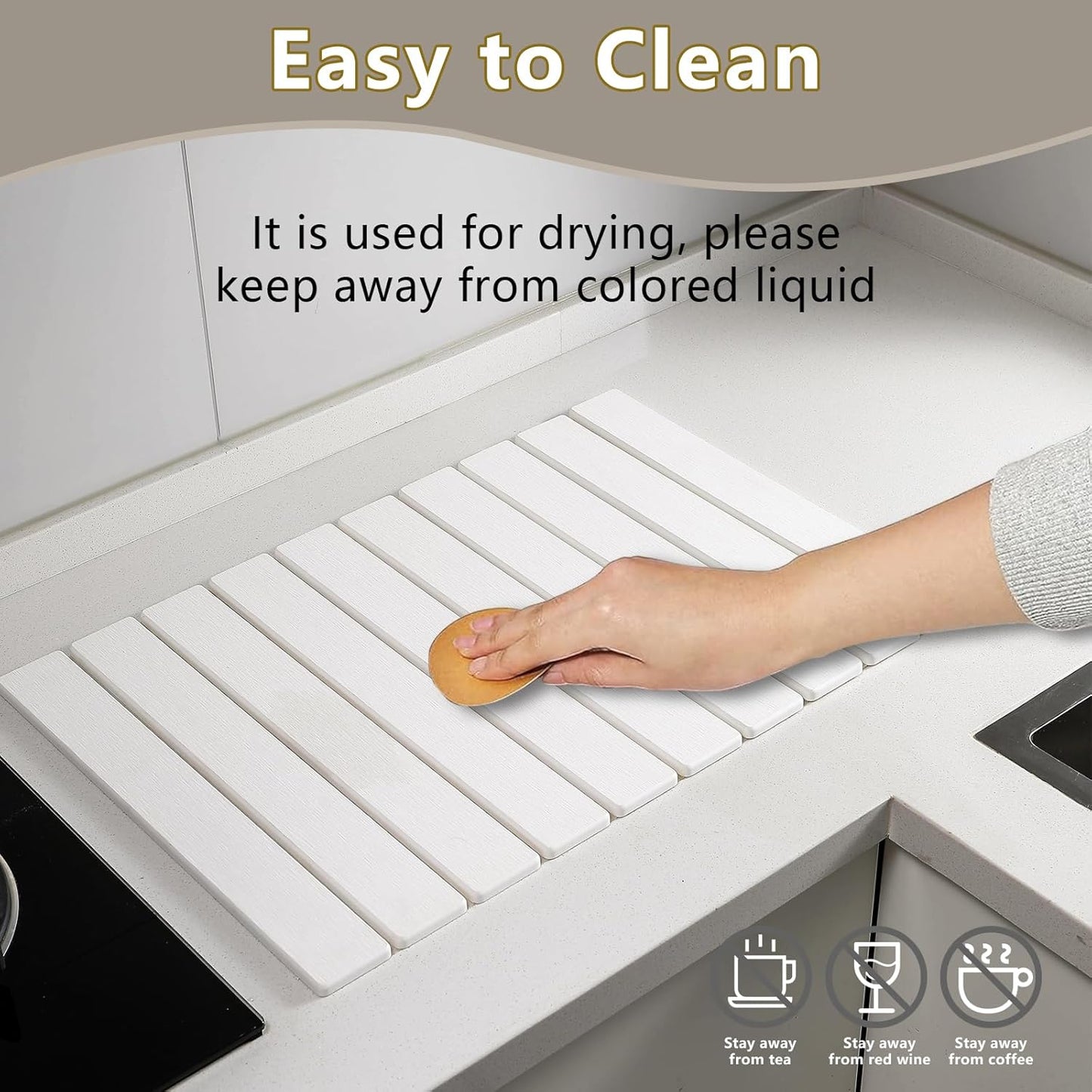 Large Stone Drying Mat for Kitchen Counter, 24''L x 16''W Diatomaceous Earth Collapsible Dish Drying Mat, Quick Drying Mat for Dishes, Bottles and Cups, Matches Any Countertop (White)