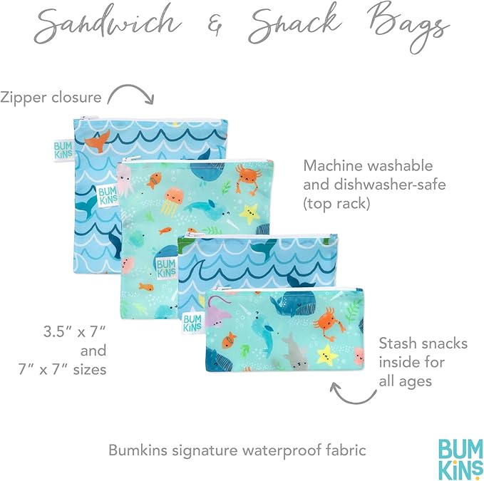 Bumkins - Cloth Snack & Sandwich Bags - For Storage, Travel, Food Prep, Lunch - Reusable, Water Resistant, Washable, Dishwasher Safe - Snack Bags for Kids - Zipper Closure - Ocean Life - 4 Pack