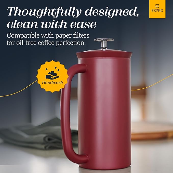 ESPRO P7 French Press Coffee Maker - Double-Walled Stainless Steel Insulated with Micro-Filter, 18 Ounces, Cranberry