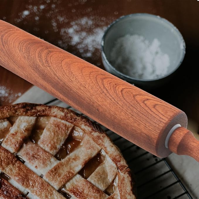 Classic Sapele Wooden Rolling Pin With Handles,Wood Baking Roller （17''L x 1.77"W)
