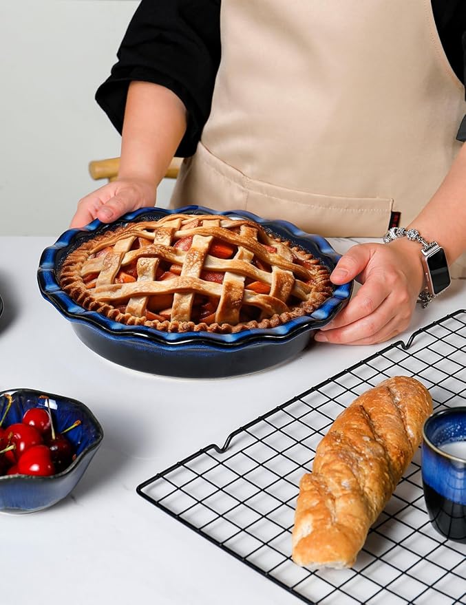 AISBUGUR Pie Pan for Baking 9 Inch Ceramic Pie Dish Quiche Baking Dish Non-Stick Dishwasher & Oven Safe (Reactive Glaze Blue)