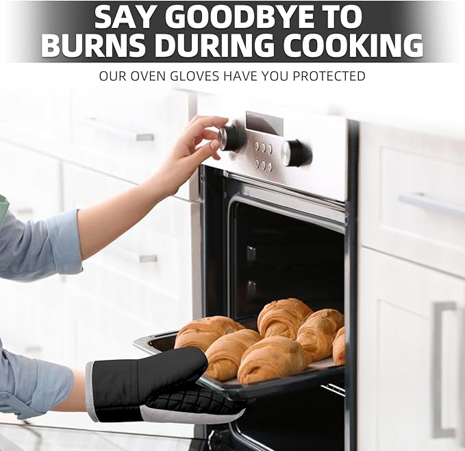 Mini Oven Mitts, Kitchen Oven Gloves Kitchen Mittens 500 Degrees Heat Resistant Baking Gloves, Non-Slip Silicone Surface with Hanging Loops Hot Gloves for Cooking, Baking, BBQ 1 Pair-Black