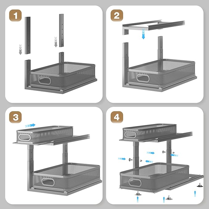 2 Pack 18.5IN-Depth Under Sink Organizer With Next-Gen Ball-Bearing Slides,2-Tier Precision Mesh Pull Out Cabinet Storage for Bathroom&Kitchen,Height Adjustable Drawers Shelf,Anti-rust-Grey