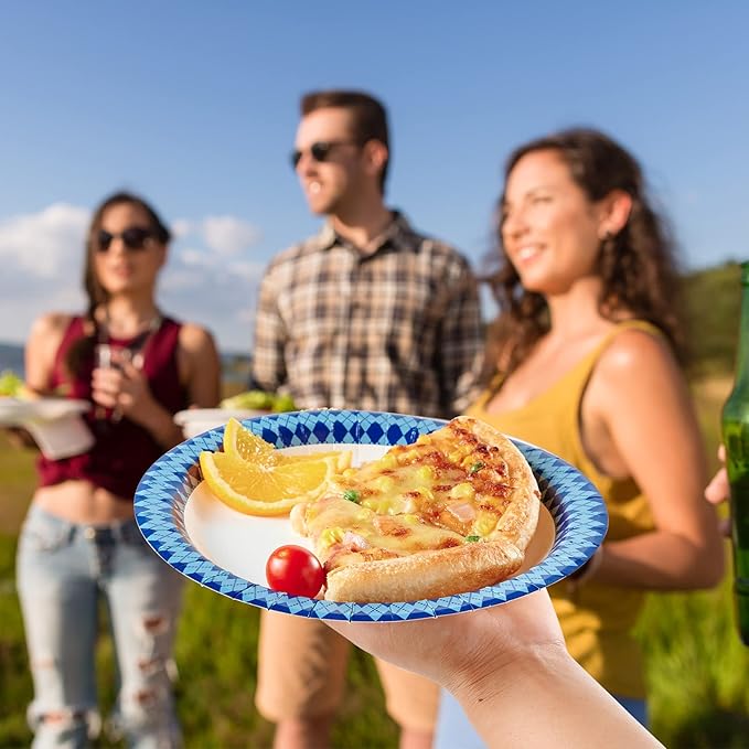 JOLLY PARTY 8.37 inch Disposable Paper Plates, 300 Count Dinner Plates, Soak Proof, Cut Proof for Everyday Use, Navy Diamond Pattern Rim Design