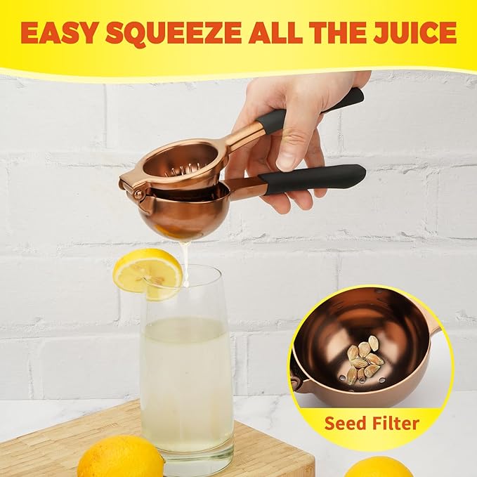 Lemon Squeezer,304 Stainless Steel Citrus Press Juicer,Non-Slip Grip Design Manual Juicer,Heavy Duty Manual Citrus Press Juicer & Lime Squeezer-Rose Gold & Red