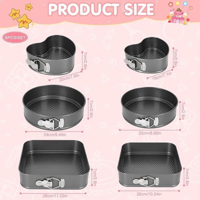 6Pcs Springform Cake Pan Set Of 7 7.8 8.6 9 10 11inch Moldes Para Pasteles Non-Stick Spring Pans Heart Cake Pan Round Nonstick Cheesecake Pans Square Spring Form Pan For Cheesecake Pizza Quiches