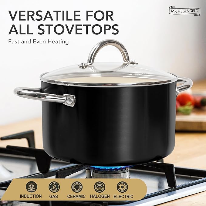 MICHELANGELO Stock Pot with Lid, 6 Quart Cooking Pot with Ceramic Coating, Nonstick Ceramic Soup Pot with Lid, Induction Compatible - 6QT Stockpot, Black