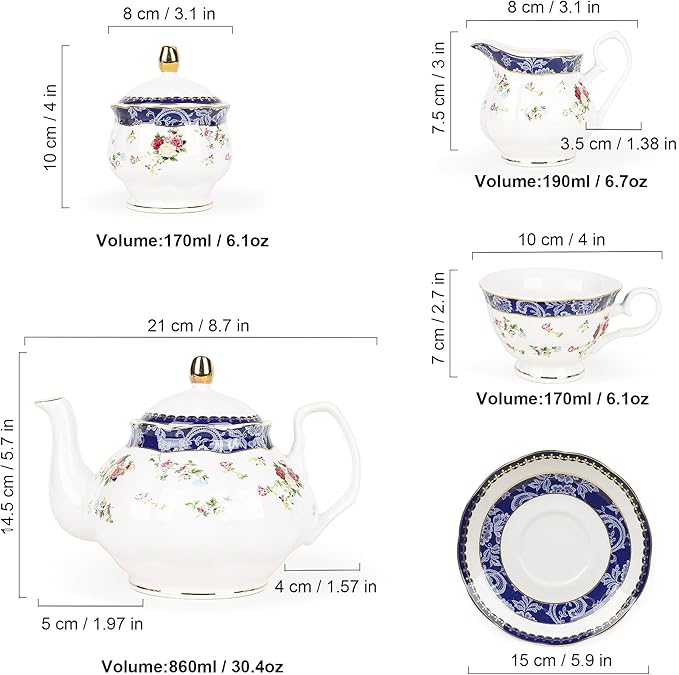 fanquare Bone China Tea Sets for Adults, 21-Piece Blue Lace and Roses Porcelain Tea Service with Sugar Bowl & Creamer, English Cremic Floral Teacups Set of 6 for Women Tea Party