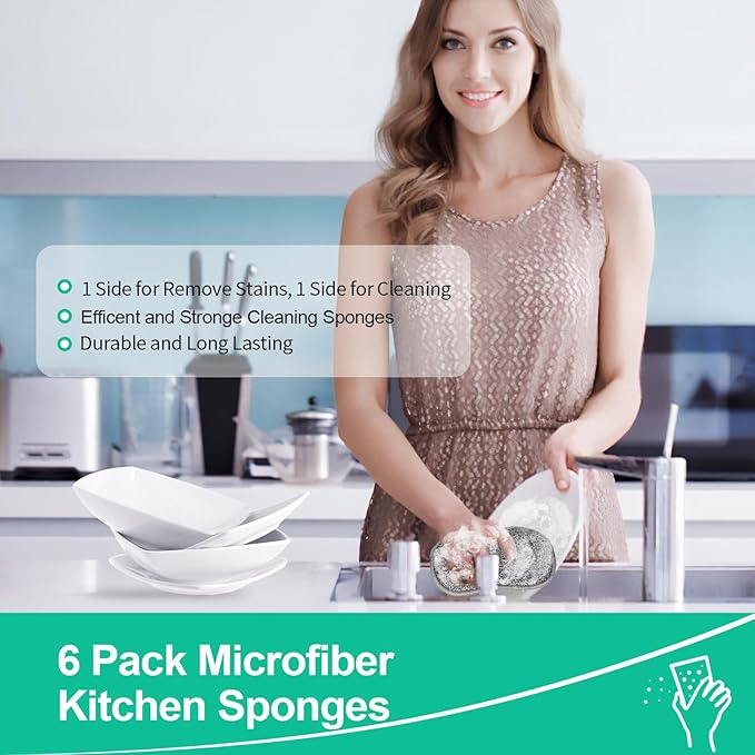 Upgrated Dual-Sided Sponges Kitchen, 6 Pack Microfiber Non Scratch Dish Scrub Sponge, All Purpose Dish Washing Scrubber for Cleaning Dishes, Kitchen, Pots, Pans, Sink & Household